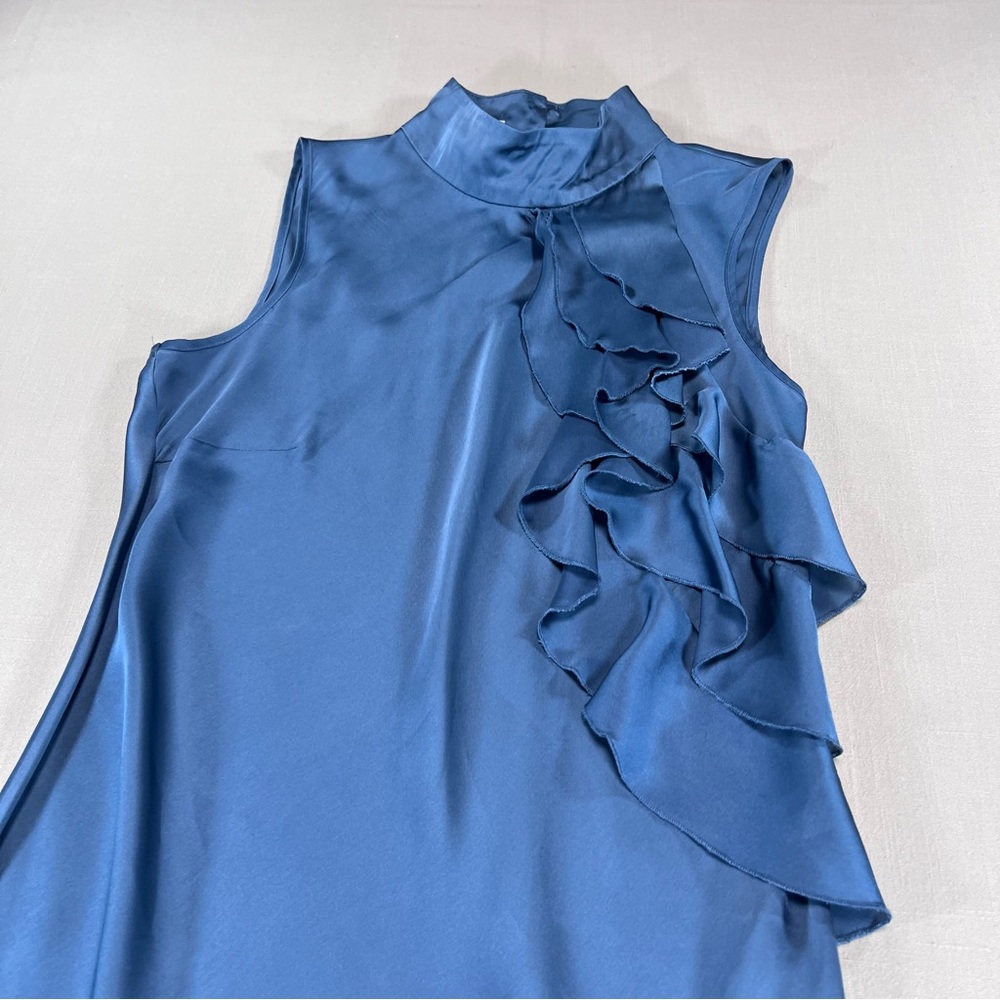 Kenar Women’s M Blue Satin Ruffle Front Sleeveless Top Mock Neck Blouse - Picture 10 of 13